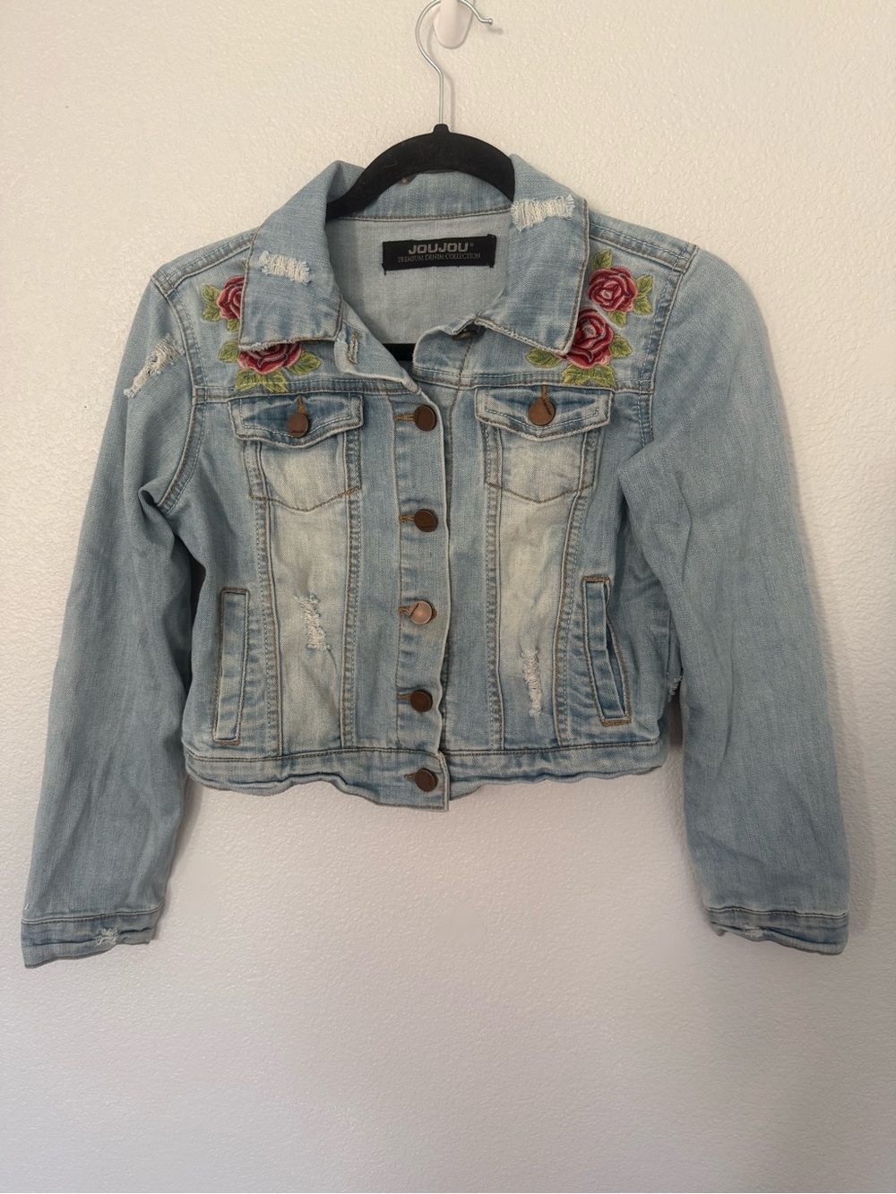 Jou Jou Light Blue Girl’s Denim Jacket with Rose Embroidery Size Medium